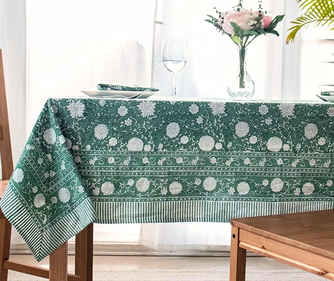 Block Print Table Cloth- 54x108 Inch Rectangle 100% Cotton Handmade Pre-Shrink, Washable for Spring, Kitchen & Dining Perfect for Patio, Indoor & Outdoor, Farmhouse