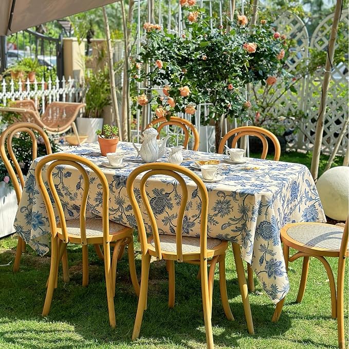 Outdoor Square Tablecloth 60 x 60 Inch, Blue Floral Spillproof Table Cloth, Thick Fabric Dining Table Cover for Outdoor, Easter, Picnic, Farmhouse, Wedding, Spring Summer - Blue Flower