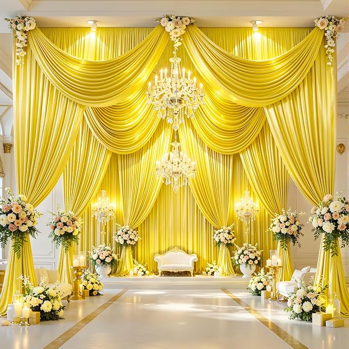 40x10ft Yellow Gold Glitter Backdrop Curtain for Parties, Wrinkle Free Satin Photo Backdrop Drapes 8 Panels 5x10FT Shimmer Back Drop Cloth for Wedding Birthday Baby Shower Photography Background Decor