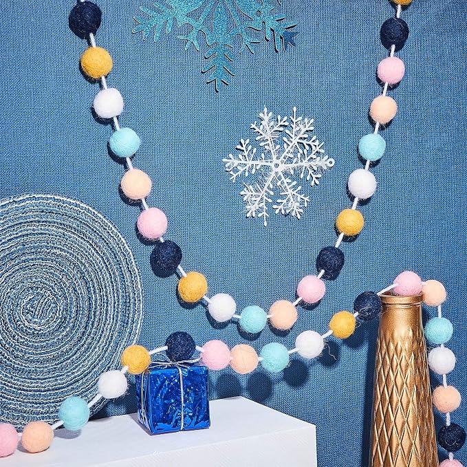 WILLBOND 2 Pieces Wool Felt Rainbow Ball Garland Colorful Pom Pom 6.5 ft Long 24 Ball Garland for Easter Mardi Gras Classroom Halloween Thanksgiving Xmas (Classic Colors)