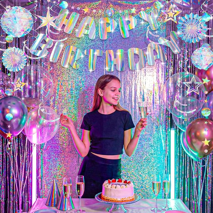 Knitgrip 23 Pcs Pre-strung Iridescent Birthday Party Decorations Aurora Holographic Party Decorations Include Disco Sparkly Happy Birthday Banner Hanging Honeycomb Ball Paper Fan Snowflake Star
