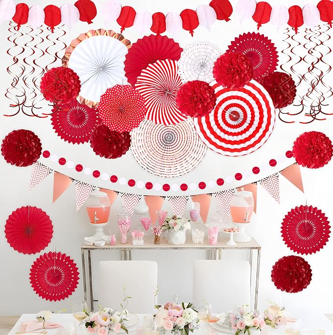 Moon Boat 35PCS Party Decorations Paper Fan Hanging Set - Birthday,Wedding,Baby Shower,Circus,Festival Decor (Red)
