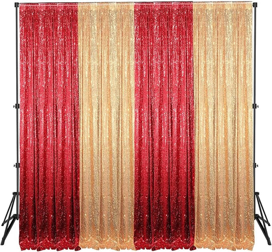 4 Panels 2 x 8 ft Red and Gold Sequin Backdrop Curtain Glitter Backdrop Curtain for Congrats Grad Graduation Party Decorations Birthday Wedding Background Anniversary Photography