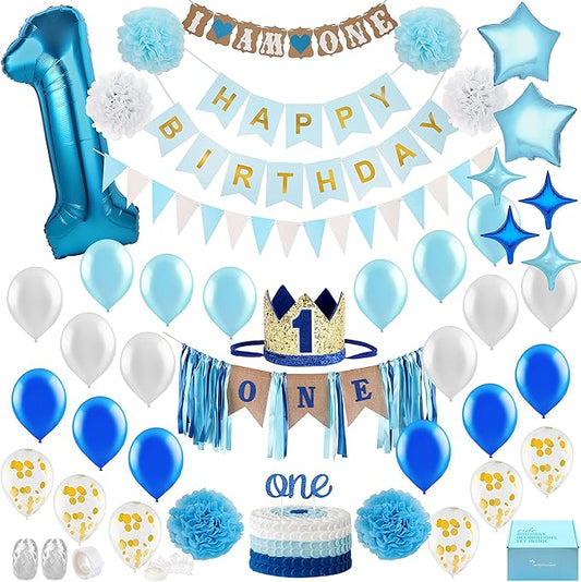 Baby Boy 1st Birthday Decorations With Birthday Crown - First Birthday Boy Decorations - Cake Smash Party Supplies - Happy Birthday and HighChair One Burlap Banner, Number One Balloon, Cake Topper.