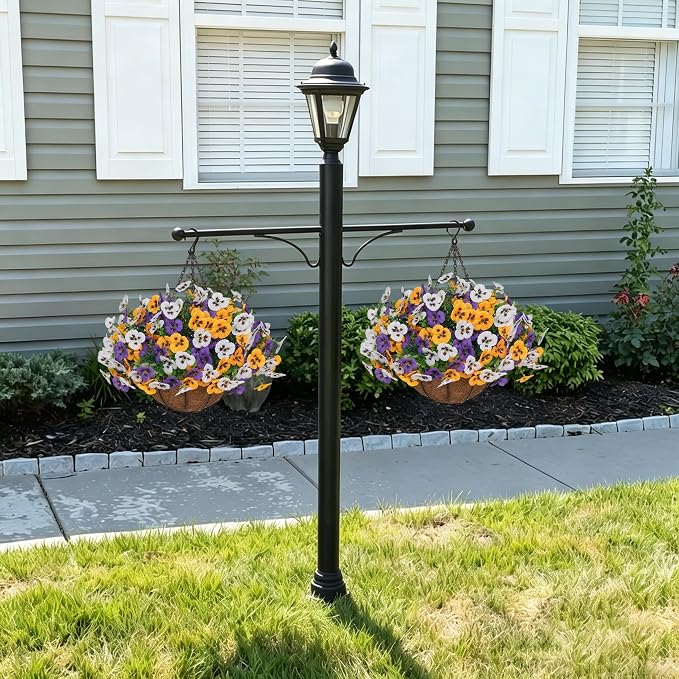 2 Set Artificial Hanging Flowers with Basket for Outdoor Decor, 24 Pcs Silk Pansy Fake Plants for Garden Porch Patio Balcony Yard Home Decoration