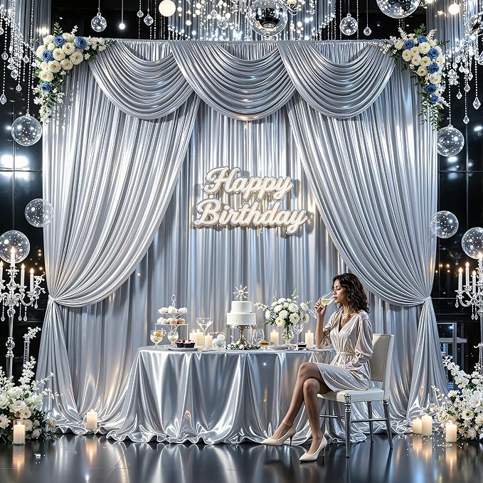 40x10ft Silver Glitter Backdrop Curtain for Parties, Wrinkle Free Satin Photo Backdrop Drapes 8 Panels 5x10FT Shimmer Back Drop Cloth for Wedding Birthday Baby Shower Photography Background Decor