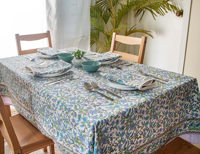 Block Print Table Cloth- 60x120 Inch Rectangle 100% Cotton Handmade Pre-Shrink, Washable for Spring, Kitchen & Dining Perfect for Patio, Indoor & Outdoor, Farmhouse