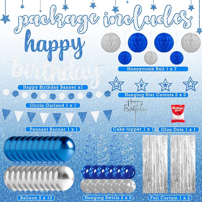Blue and Silver Birthday Party Decorations Set - Happy Birthday Banner Balloons Foil Curtains Hanging Swirls for Men Women Kids Birthday Party Supplies