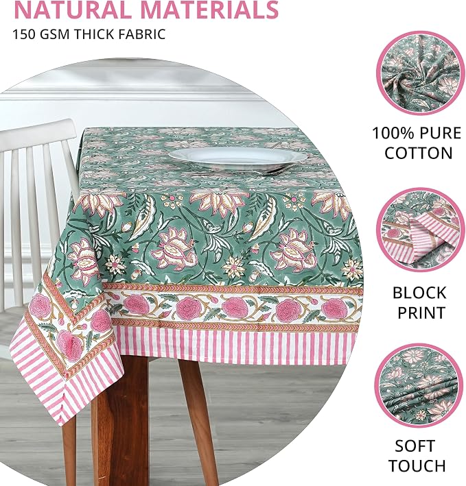 Ridhi Viridian Green Hand Block Print Cotton Rectangle Tablecloth 190" x 72" inches Reusable Table Cover Decorative Everyday Use for Dining Room, Farmhouse, Home Gift for Spring, Mother's Day