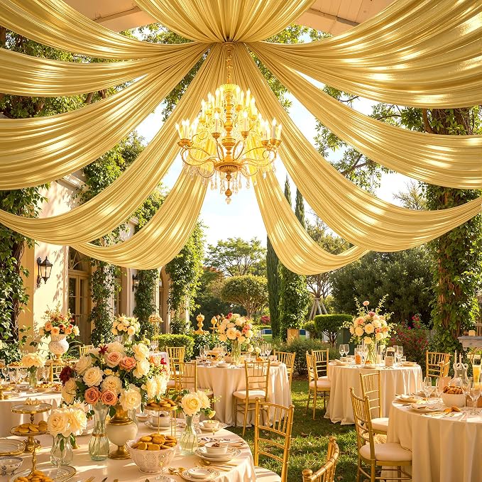 2 Panels 5x20ft Gold Ceiling Drapes for Wedding Parties, Wrinkle Free Thick Polyester 20ft Extra Long Wedding Draping Arch Drapery for Birthday Party Canopy Tent Decor
