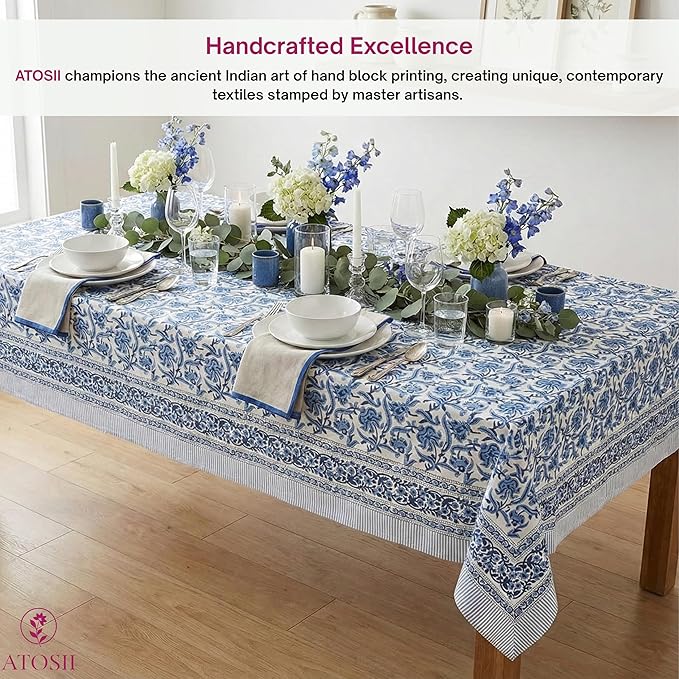 ATOSII Midnight Bloom 100% Cotton Fall Tablecloth, Handblock Print Blue Rectangle Table Cloth for Kitchen Dining Table Linen I Parties Wedding Outdoor Decor 60 X 90 Inches