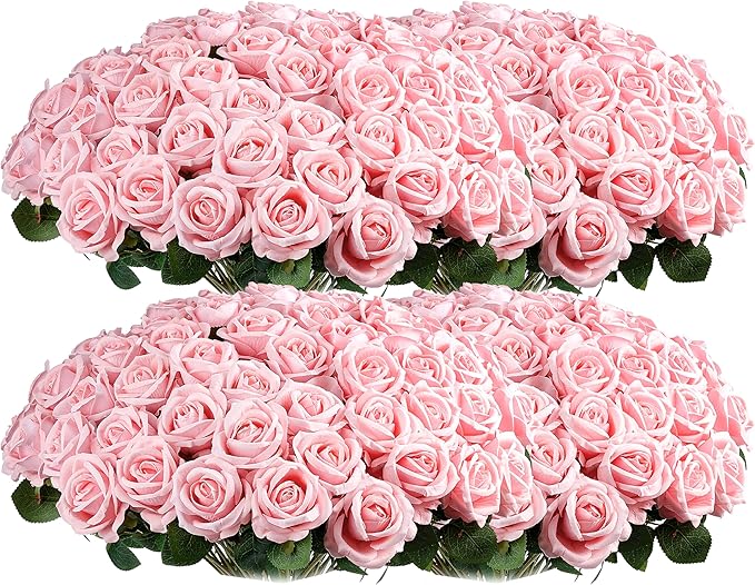 Auihiay 104PCS Pink Roses, Realistic Silk Velvet Pink Artificial Flowers, Real-Touch Fake Roses for Bridal Bouquet, Garden Party, Bedroom Decor, Home Decor, Valentine's Day, Wedding Centerpieces