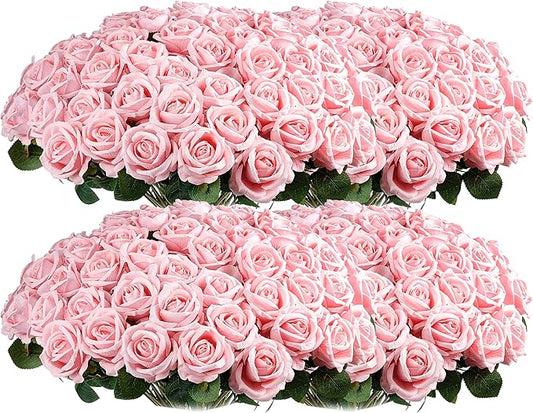 Auihiay 104PCS Pink Roses, Realistic Silk Velvet Pink Artificial Flowers, Real-Touch Fake Roses for Bridal Bouquet, Garden Party, Bedroom Decor, Home Decor, Valentine's Day, Wedding Centerpieces