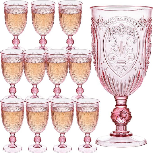 JLYLOL Plastic Wine Glasses 12Pcs Plastic Goblets 7.5oz Colored Retro Embossed Glassware Vintage Stemmed Drinking Cup Reusable Water Goblets for Wedding Reception Grand Event Party Bar,Whiskey (Pink)