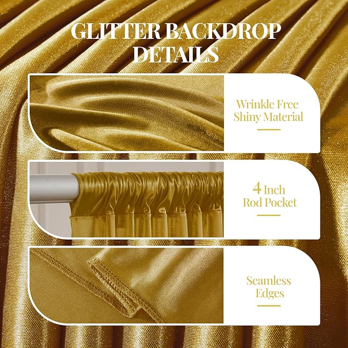 30x10ft Dark Gold Glitter Backdrop Curtain for Parties, Wrinkle Free Satin Photo Backdrop Drapes 6 Panels 5x10FT Shimmer Back Drop Cloth for Wedding Birthday Baby Shower Photography Background Decor