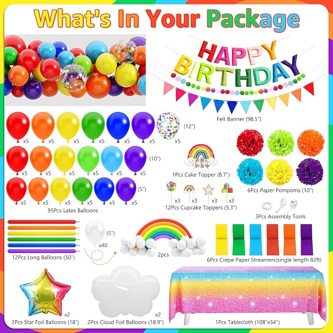 THAWAY Rainbow Birthday Party Decorations- 172 Pcs Colorful Birthday Decorations with 3D Felt Banner, Rainbow Balloon Arch Kit, Backdrop, Tablecloth and Cake Topper for Boys Girls Party Decor