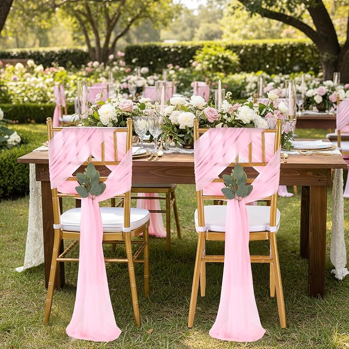 QueenDream Pink Chair Sashes Wedding: 16 Pieces Long Sheer Wedding Aisle Chair Decorations Tulle Chairs Covers with Artificial Eucalyptus