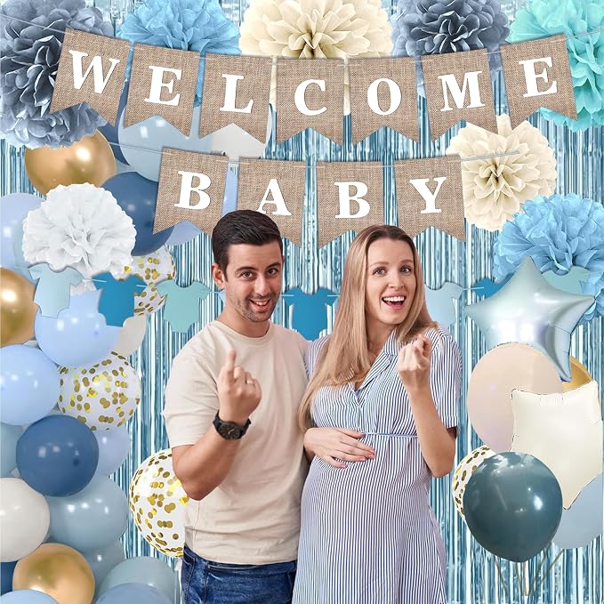 Dusty Blue Baby Shower Decorations, Boy Baby Shower Decor Set with Welcome Baby Banner, Paper Pom Poms, Sweet Baby-Boy Cake Topper, Fog Blue White Gold Balloons, Boho Baby Boy Shower Party Supplies