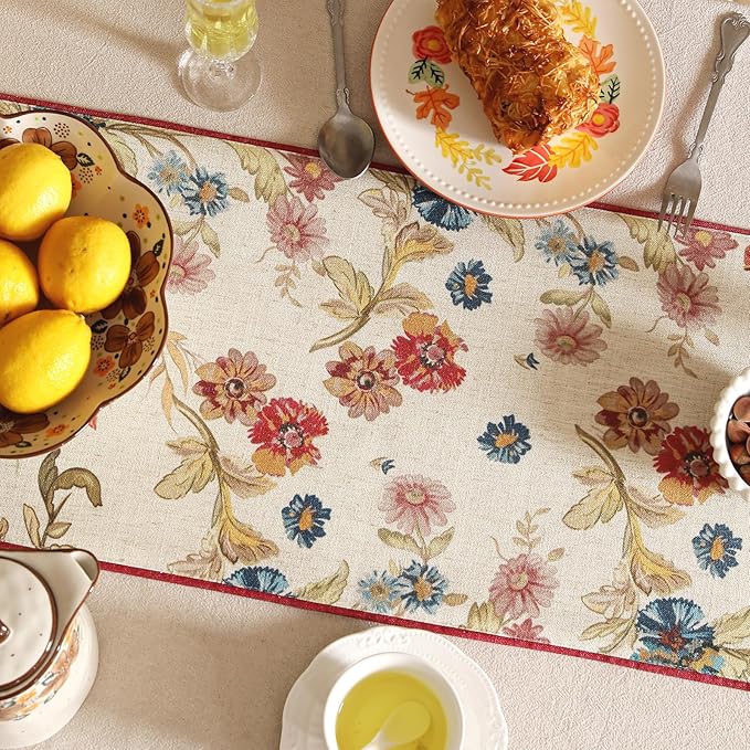 patdrea Designer Farmhouse Linen Extra Long Table Runner, Rustic Cottage Beige with Floral Pattern Fabric Table Mat, Decoration for Kitchen Dining Coffee Table Banquet Christmas , 12"*118"