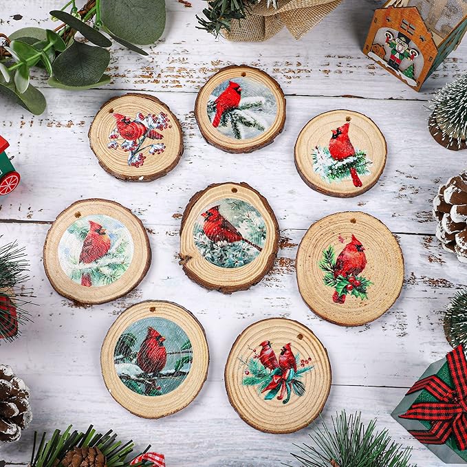 16 PCS Christmas Wood Ornaments Red Birds Hanging Wood Decor Holiday Wooden Slice Ornaments with Hemp Rope for Xmas Tree Centerpieces DIY Crafts Memorial Gifts