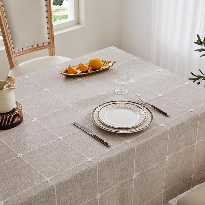 ZeeMart Grid Embroidered Tablecloths 60x120 Inch (Fit 7ft–8ft, Narrow Fit 9ft Rectangle Table), Taupe Farmhouse Heavy Weight Cotton Linen Water Resistant Boho Table Cloth