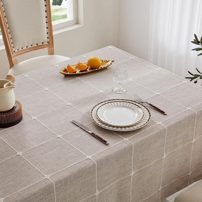 ZeeMart Grid Embroidered Tablecloths 60x84 Inch (Fit 5ft, Narrow Fit 6ft Rectangle Table), Taupe Farmhouse Heavy Weight Cotton Linen Water Resistant Boho Table Cloth