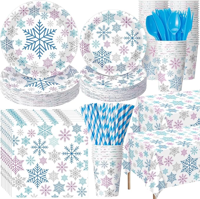 Funnymoom 452 Pcs Winter Decoration Wonderland Snowflake Party Supplies, Blue Pink Silver Snowflake Paper Plates Napkins Cups Tablecloth Cutlery Straws for Christmas Gender Reveal Baby Shower Party