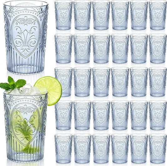 Plastic Vintage Drinking Glasses - 16 oz Stemless Ribbed Highball Glasses Bulk Embossed Reusable Cups for Water Beer Cocktails Juice Wedding Bridal Shower Birthday Event Party(Blue,48 Pcs)
