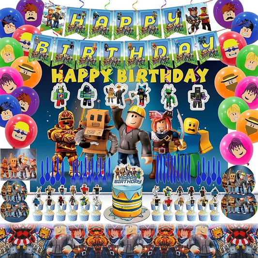 Birthday Party Decorations - Theme Children's Party Supplies Included Happy Birthday Banner, Backdrop, Hanging Swirls, Tablecloth, Cupcake Cake Toppers, Plates, Tableware, Napkins, Balloons