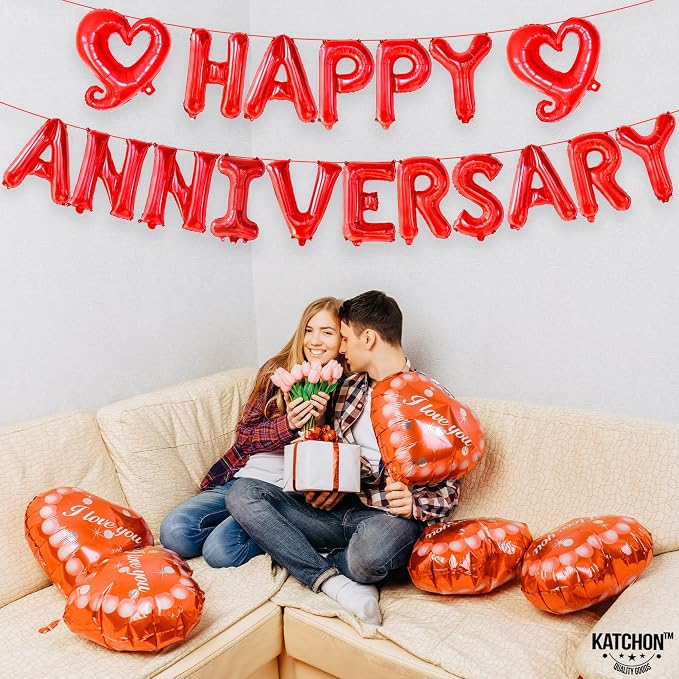 KatchOn, Red Happy Anniversary Balloons Letters - Huge, 18 Inch | Hook Red Heart Balloons | 1000 Pcs Artificial Red Rose Petals - Silk, Fake Rose Petals for Romantic Night for Her Set