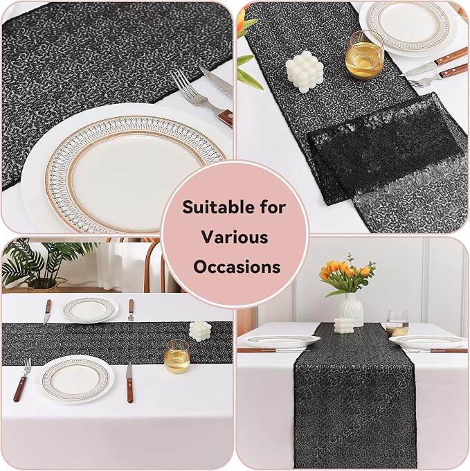 Sugargirl 10 Packs 12 x 72 inches Sequin Table Runner, Glitter Black Table Runner for Birthday Party Supplies Wedding Holiday Celebration Event Decorations