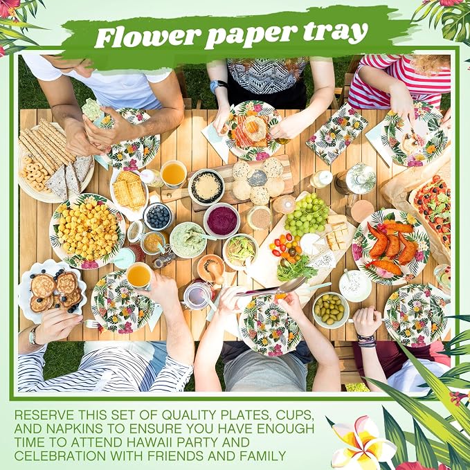 Pickmesh 250 Pcs Hawaiian Paper Napkins Plates Cups Set Tropical Nights Luau Party Supplies Hawaii Aloha Disposable Tableware for Summer Birthday Pool Beach Dinner, Serve for 50 Guests(Green,Flower)