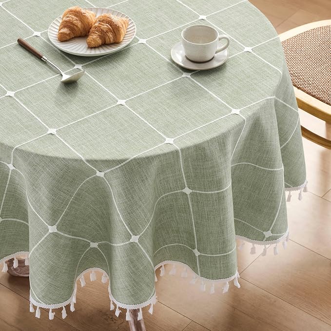 ZeeMart Boho Grid Table Cloth with Tassels (Sage Green, 60" Round), Heavy Weight Linen Checked Embroidered Farmhouse Tablecloth, Water Resistant Round Green Tablecloths