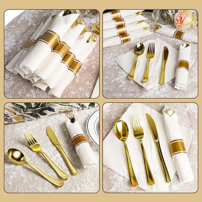 Zcaukya 200PCS Disposable Pre-wrapped Silverware for 50 Guests, Elegant Gold Plastic Dinnerware Utensil Set for Birthday Parties Weddings, with 50 Napkins, 50 Forks, 50 Knives, 50 Spoons