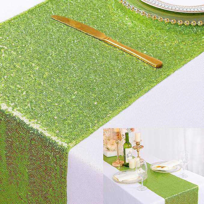 ShinyBeauty Green Table Runner 108 inches Long Christmas Decorations 12X108 Inch Sequin Table Runners Glitter Linen for Birthday Party Events Outdoor New Year Tables Decor