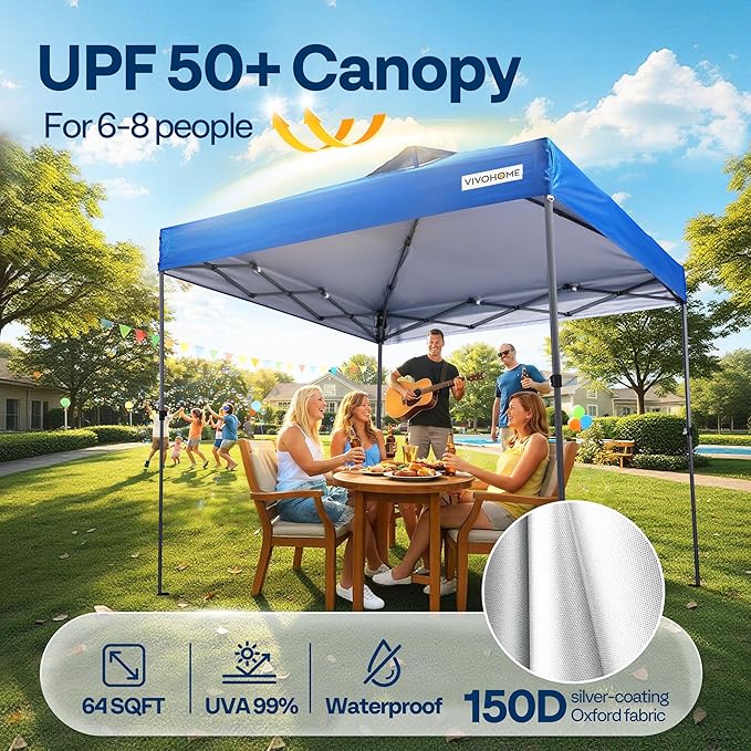 VIVOHOME 8x8ft Pop Up Canopy Tent One Push Setup Outdoor Portable Shelter Tent Heavy Duty with Wheel Carry Bag and 4 Sandbags, Blue