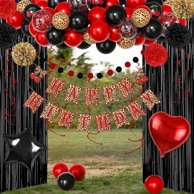 Red and Black Cheetah Birthday Party Decorations, Black Red Cherry Leopard Print Balloons Happy Birthday Banner Fringe Curtain Hanging Swirls Circle Dots Tassels Pompoms for Women Girls Party Supplies