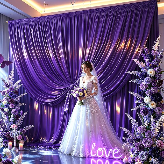 Purple Glitter Backdrop Curtains - 10x12FT Satin Photo Backdrop, Wrinkle-Free Shimmer Back Drop Cloth Shiny Drapes for Photobooth Wedding Birthday Parties Photoshoot Background Decorations