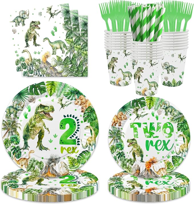 206 Pcs Dinosaur 2nd Birthday Party Supplies, Green Dino Two Rex Birthday Decorations, 20 Serves Include Paper Plates, Cups, Napkins, Tablecloth, Cake Topper, Swirls, Banner, Balloons for Boys