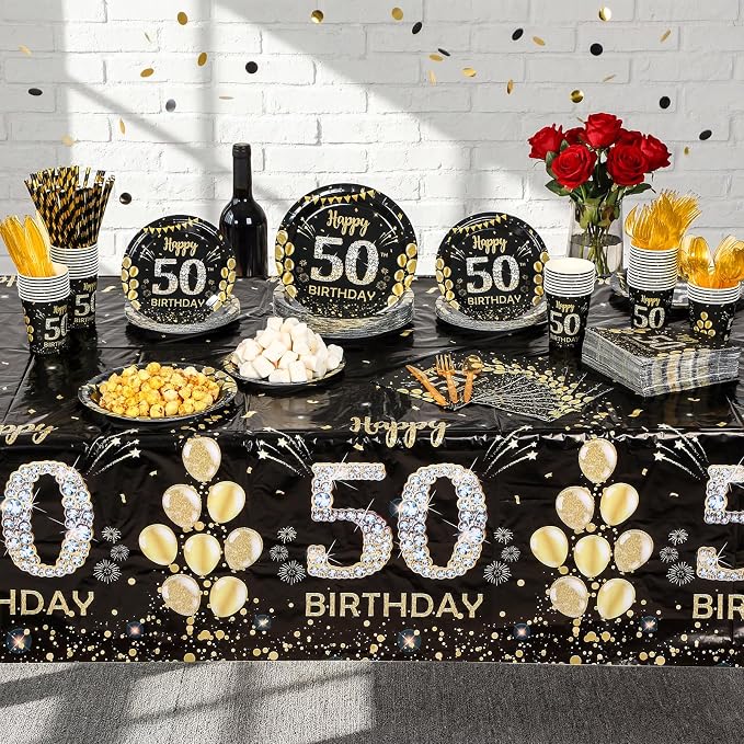 Funnymoom 452 Pcs 50th Birthday Decorations for Men, Black and Gold 50th Birthday Paper Plates Cups Napkins Tablecloth Cutlery Straws for Men Women 50 Year Old Party Supplies for 50 Guests