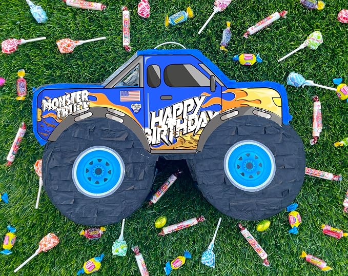 Jergrim Blue Monster Truck Piñata, Small 4 Piece Set, perfect for Kids Birthday Parties, Race Car Party Supplies fits piñata candy and party favors (17”X11”) Durable!