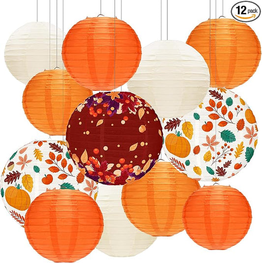 12 Pcs Fall Paper Lanterns Thanksgiving Orange Paper Lanterns Party Decorations, Maple Leaves Paper Lanterns Harvest Decorations for Autumn Birthday Party Indoor Outdoor Decor