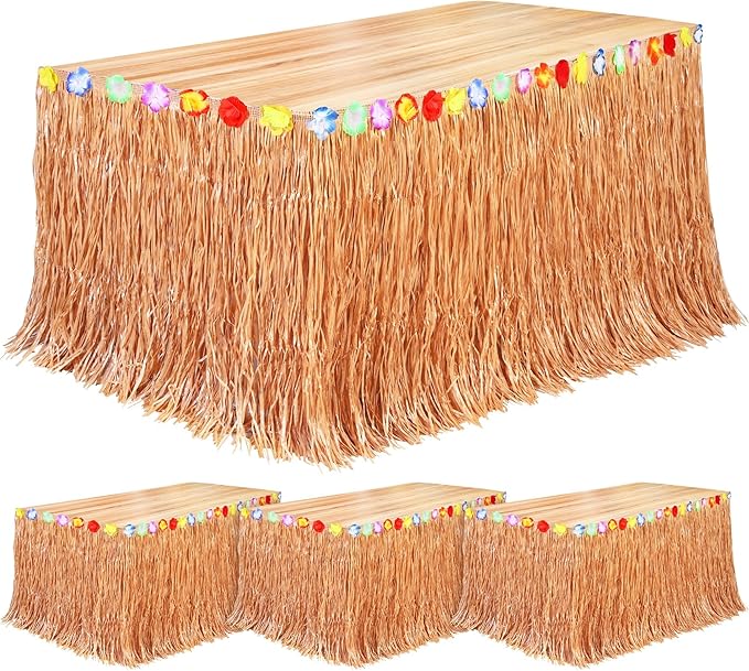 Fovths 4 Pack Luau Grass Table Skirt Natural 9 Feet x 29.5 Inch Hawaiian Table Skirt for Tropical Hawaiian Party Decorations Luau Party Costume, Reddish Golden Brown