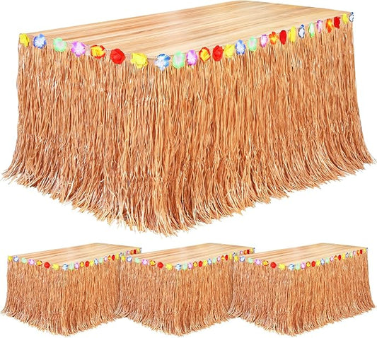 Fovths 4 Pack Luau Grass Table Skirt Natural 9 Feet x 29.5 Inch Hawaiian Table Skirt for Tropical Hawaiian Party Decorations Luau Party Costume, Reddish Golden Brown