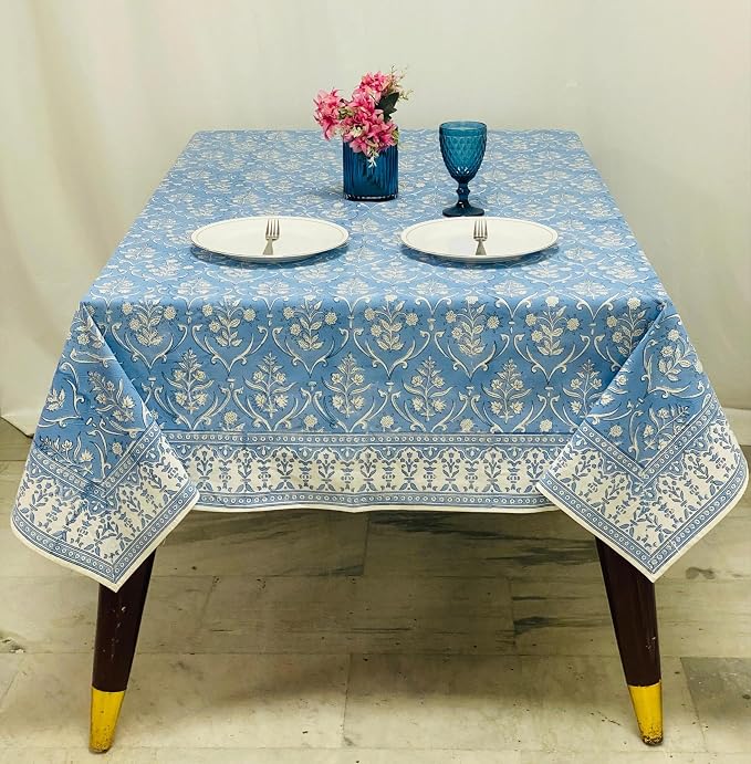 Ridhi Cornflower Blue Hand Block Print Cotton Rectangle Tablecloth 102" x 48" inches Reusable Table Cover Decorative Everyday Use for Dining Room, Farmhouse, Home Gift for Spring, Mother's Day
