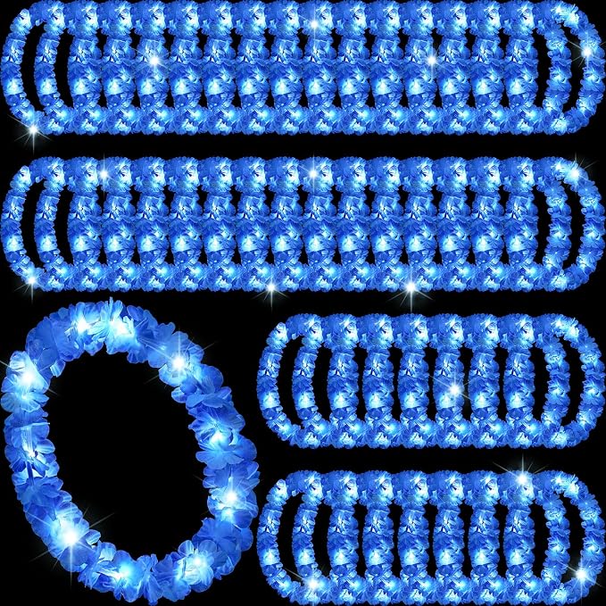 Sherr 48 Pcs LED Hawaiian Leis Light up Flower Leis Necklace with LED Lights Luau Flowers Necklaces for Masquerade Beach Wedding Tropical Themed Party Supplies(Bright Blue)