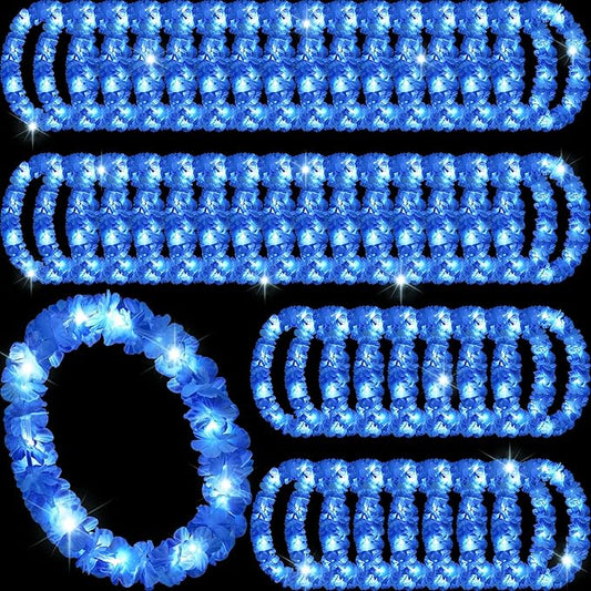 Sherr 48 Pcs LED Hawaiian Leis Light up Flower Leis Necklace with LED Lights Luau Flowers Necklaces for Masquerade Beach Wedding Tropical Themed Party Supplies(Bright Blue)