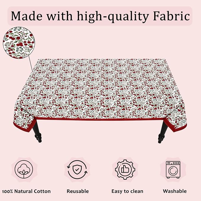 Ridhi Garnet Red Hand Block Print Cotton Rectangle Tablecloth 120" x 80" inches Reusable Table Cover Decorative Everyday Use for Dining Room, Farmhouse, Home Gift for Spring, Mother's Day