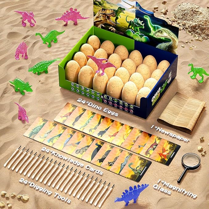 24 Glow in The Dark Dinosaur Eggs, Dig Kit Toys for Kids, Dinosaur Eggs Excavation Kit with Magnifier, Easter Basket Stuffers, STEM Party Favor Gifts for Boys Girls Age 3 4 5 6 7 8 9 10 + Years Old