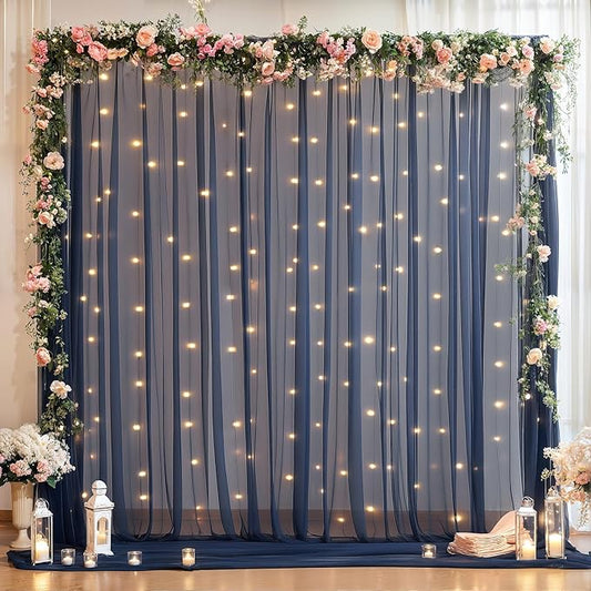 10x10ft Navy Blue Tulle Backdrop Curtain with Lights String for Parites, Sheer Photo Backdrop Curtains with Lights for Wedding Backdrop Ceremony Reception Bridal Shower Baby Shower Birthday Party